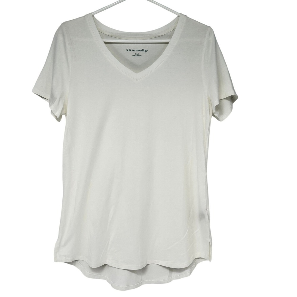 Soft Surroundings 2FE18 V-Neck T-Shirt Women Small Creamy White High-Low Hem - Picture 2 of 10